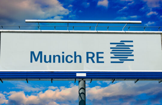 POZNAN, POL - JAN 23, 2024: Advertisement billboard displaying logo of Munich Re Group, a German multinational insurance company based in Munich, Germany