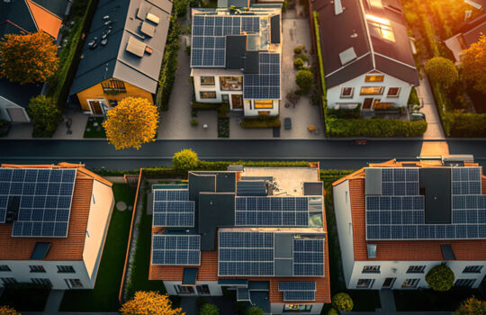 A row of houses with solar panels on the roof. Generative AI
