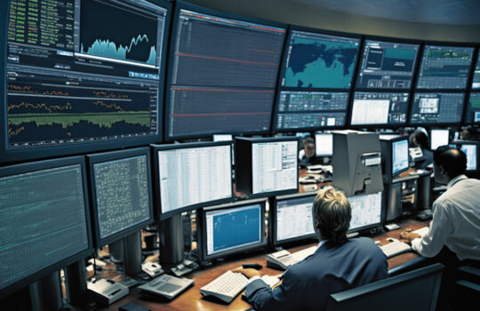 A view of a bustling trading floor with multiple monitors displaying real - time financial data and stock market movements, concept of Real-Time Analysis and High-Frequency Trading, created with Generative AI technology