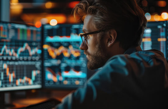 A trader looking to his computer screen that is showing graphs and charts. Generative AI.