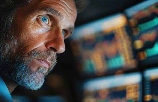 An experienced stock market trader reacts intensely to a key trade. His face reflects a mix of concentration, anticipation, and mild amazement as he watches his computer screen. Generative AI.