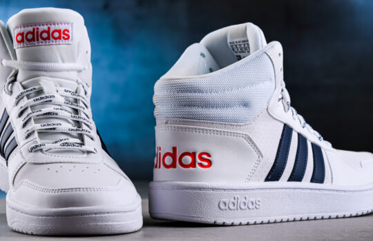 A pair of Adidas sport shoes, the brand of the largest sportswear manufacturer in Europe and the second biggest in the world