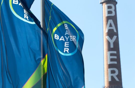 Bayer Flaggen und ein Schornstein auf dem Konzerngelände in Leverkusen
