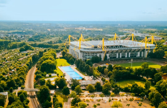 Aerial shot of football stadium BVB Borussia, Signal Iduna Park in Dortmund, Germany. Dortmund, Germany. July 20, 2023