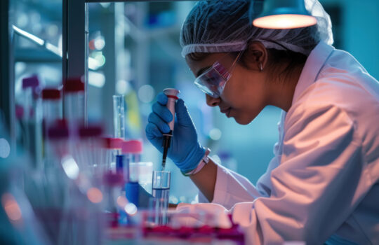 Side View Of An Indian Female Scientist Using A Micro Pipette In A Test Tube For Test Analysis In A Laboratory