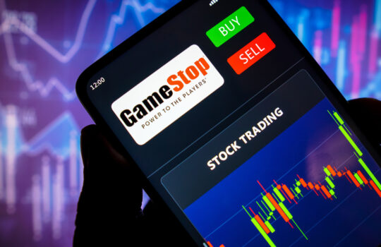 May 11, 2022, Brazil. In this photo illustration the stock trading graph of GameStop seen on a smartphone screen