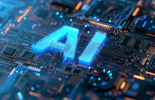 motherboard with ai written on it. Concept AI (Artificial Intelligence) technology, chip IC on PCB, PCB circuit board, microprocessor.