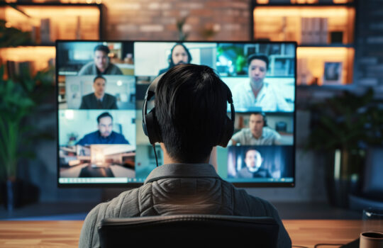 Remote Employee Engaging in a Virtual Team Meeting After Hours From a Home Office Teams Zoom Call