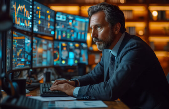 Back view of a financial analyst day trader working on computer with many screens that shows real-time stock data. Neural network generated image. Not based on any actual scene or pattern.