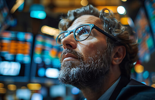 Over-the-shoulder view of a trader analyzing a tablet with live stock market charts and trends, with a panoramic view of the trading floor filled with bustling activity.