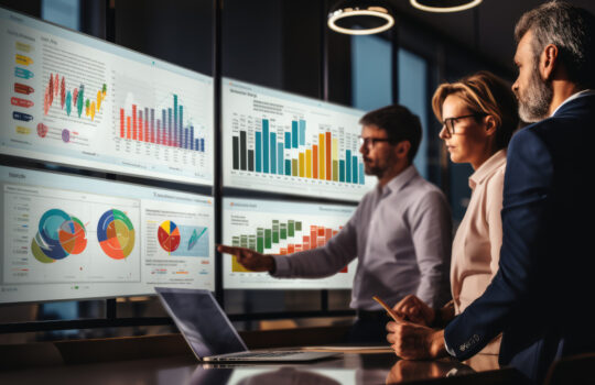 business people working in office, looking to different charts with growing revenue in the future
