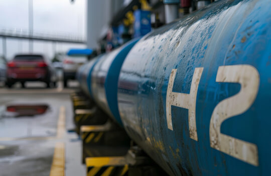 Large H2 (hydrogen) gas storage tank adjacent to a parking area equipped with multiple hydrogen fueling stations for eco-friendly vehicles. Nel ASA Wasserstoff Aktie Cavendish Hydrogen ASA