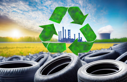 Old tires destined to be reused and recycled, featuring the recycling symbol and a focus on environmental conservation Alte Reifen Recycling