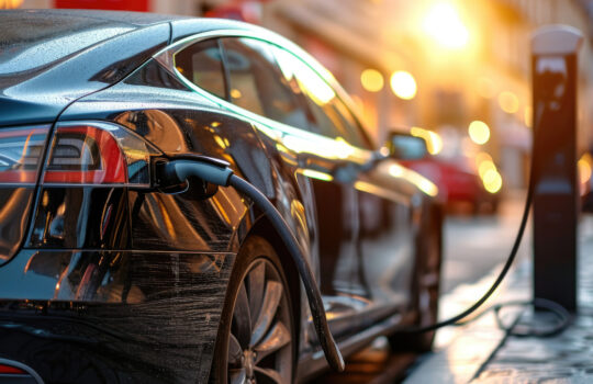 A modern electric car is charging at the charging station