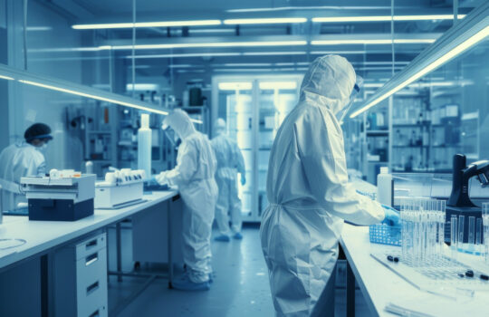 A view of a sterile high precision manufacturing laboratory where scientists wear protective coveralls and work with computers and microscopes to conduct research in biotechnology, pharmaceutics and