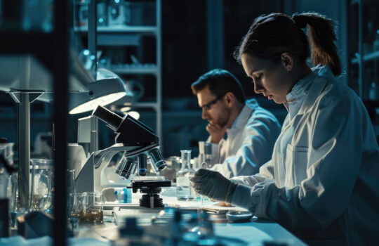 Modern medical research laboratory two scientists working, Analyzing test, Advanced scientific pharmaceutical lab for medicine biotechnology development