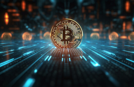 Bitcoin blockchain cryptocurrency mining technology, digital background wallpaper banner. Generative Ai,