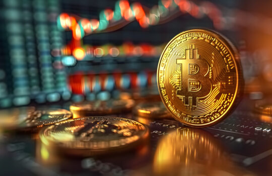 An illustration of the bitcoin logo with an upward trending stock chart in background , bitcoin with price chart
