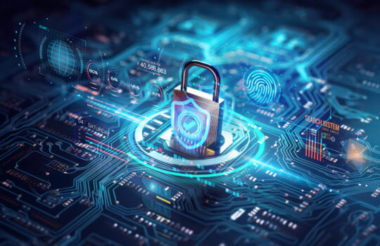 secure connection or cybersecurity service concept of compute motherboard closeup and safety lock with login and connecting verified credentials as wide banner design with copyspace area - Generative AI