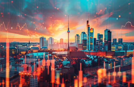 Berlin business skyline with stock exchange trading chart double exposure, Germany trading stock market digital concept