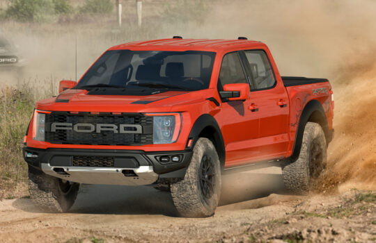 New Ford F-150 Raptor during fast driving in extreme wilderness