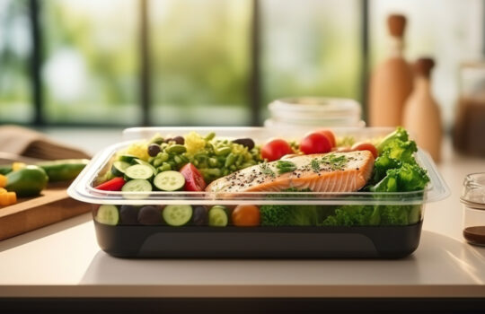 meal box on a kitchen table, food delivery, fresh vegetables with meat, fish or vegetarian and even vegan. ingredients for dinner, cooking yourself.