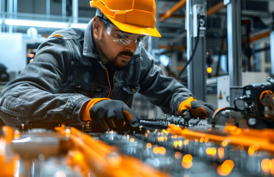 Engineer or technician working on electric vehicle battery cells in lab. Concept Lab work, Electric vehicles, Battery cells, Engineering, Technician