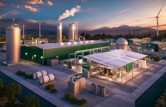 Photo of an advanced green hydrogen production facility nestled in a lush forest setting showcasing large solar panels and wind turbines in the background