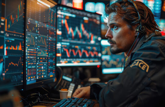 Investment banking traders at desks with multiple screens, live market data, fastpaced, intense focus