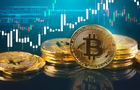 Bitcoins and New Virtual money concept.Gold bitcoins with Candle stick graph chart and digital background. Golden coin with icon letter B.Mining or blockchain technology