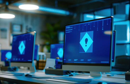 All office computers display a blue screen with a large warning sign, indicating a widespread system error or malfunction.