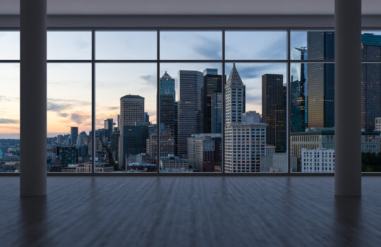 Empty room Interior Skyscrapers View. Cityscape Downtown Seattle City Skyline Buildings from High Rise Window. Beautiful Real Estate. Sunset. 3d rendering.