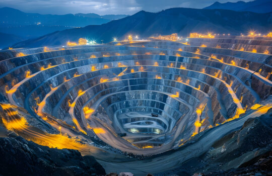 The World's Largest Copper Extraction Quarry: An Expansive Open-Pit Mine. Concept Mining Operations, Environmental Impact, Ore Extraction, Geology Exploration, Industrial Machinery