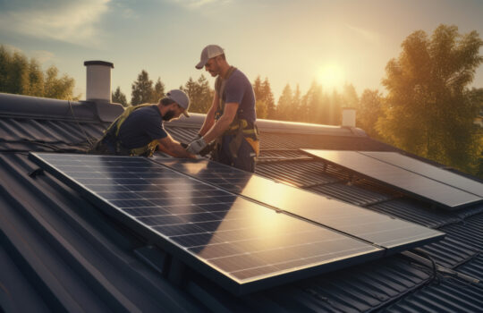 Group of workers install solar panels on top of a building