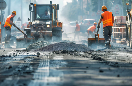 A dynamic scene at a road construction site, with a team of workers collaborating to lay hot asphalt gravel onto the road surface