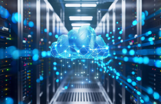 blue cloud hovers in the center of a server room, surrounded by computer servers and cables, The transformation from traditional computing to cloud technology