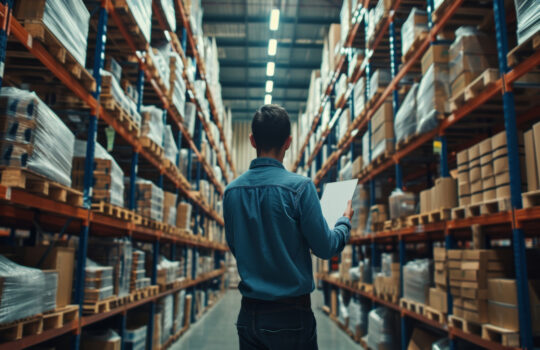 business owner using digital tablet check amount of stock product inventory on shelf at distribution warehouse factory.logistic business ship and delivery, inventory flow, professional.