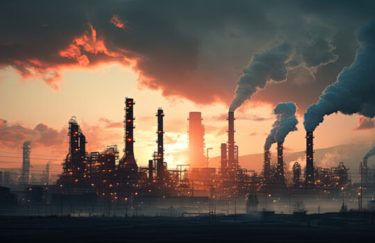 Early morning smoking towers of an industrial steel company. silhouette concept. Rauchende Schornsteine