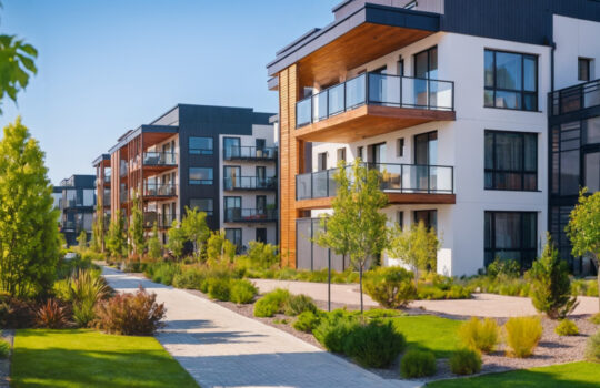 apartment buildings for rent or condominiums in residential areas and new housing developments, modern living, new houses in small towns or villages or city limits
