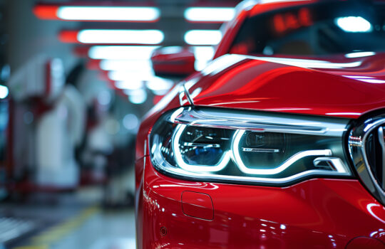 Detail close up view of the LED adaptive head light of premium luxury sedan car. Automotive headlight lighting technology detail.