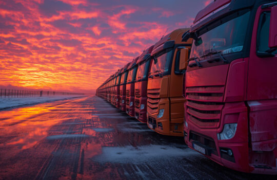 A dramatic sunset casts a vibrant, fiery hue over a row of parked Mercedes trucks. The wet, reflective asphalt enhances the intense colors of the sky.
