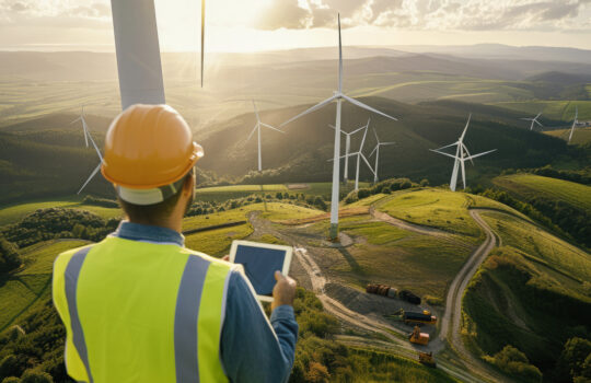 Engineer inspecting wind turbines, holding tablet in hands Development of green energy