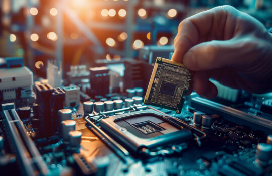 Technician plug in CPU microprocessor to motherboard socket. Computer technology and hardware maintenance. Generative AI.