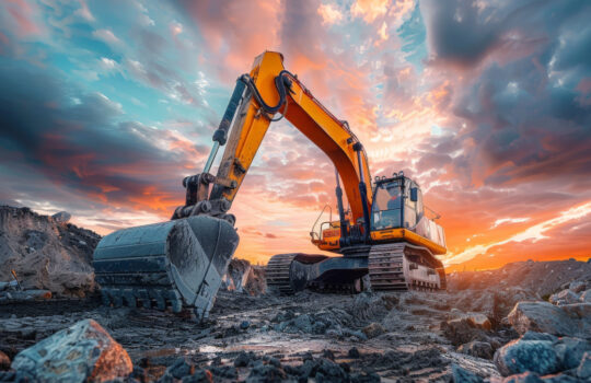 photo of yellow excavator working on the construction site against beautiful sky with clouds at sunset, stones and rocks around the machine. The excavator is working in the style of a sunset scene. --ar 2:1 --stylize 218 --iw 1.5 Job ID: 12fb2dbc-1137-4f94-8c0e-7a8de2452f29