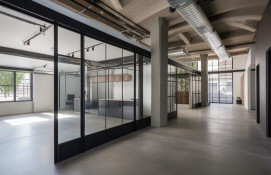 adaptive reuse project with a modern design approach to transform an old building into a showroom or office space, created with generative ai