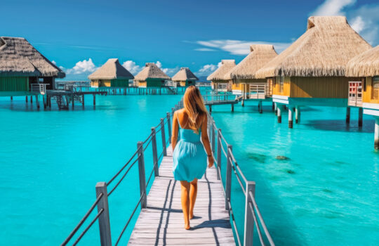 Luxury over water bungalows. Tahiti resort woman walking on wooden pier and clear blue water. Generative AI