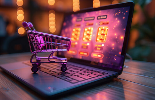 Laptop computer and purple shopping cart, ecommerce concept