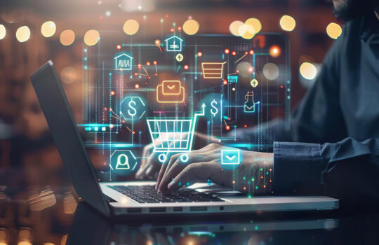 businessman confidently utilizing laptop for ecommerce shopping surrounded by vibrant online purchase and store icons representing thriving digital business