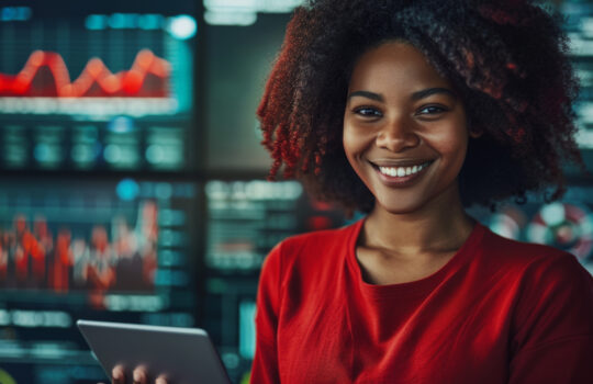 Future-looking businesswoman with tablet for trading and financial data analytics. Double exposure, IT, AI on website dashboard with digital tech