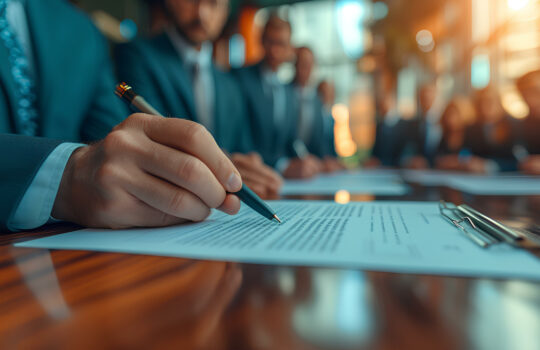 Executives signing documents during a merger or acquisition. AI generate illustration